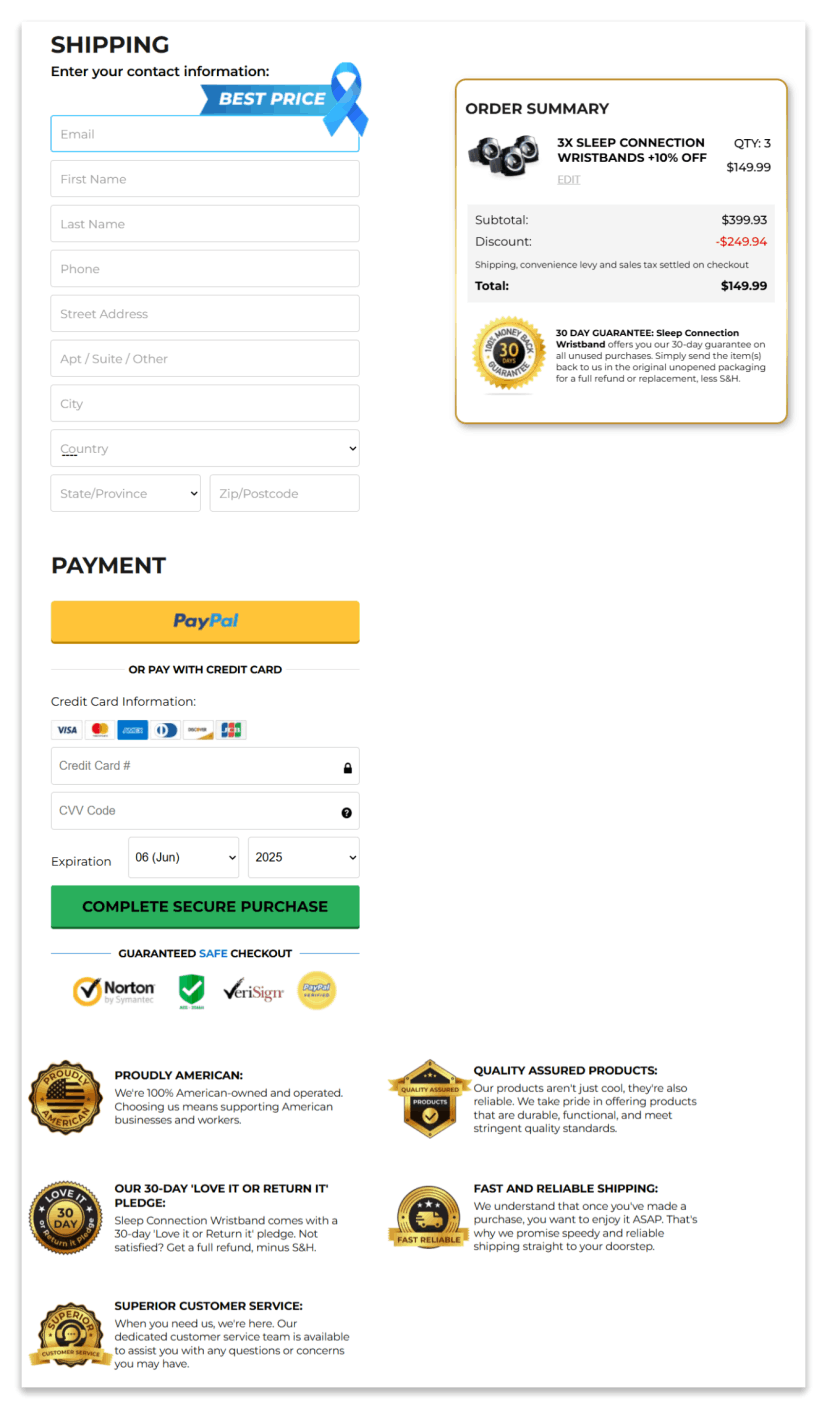 Sleep Connection checkout page